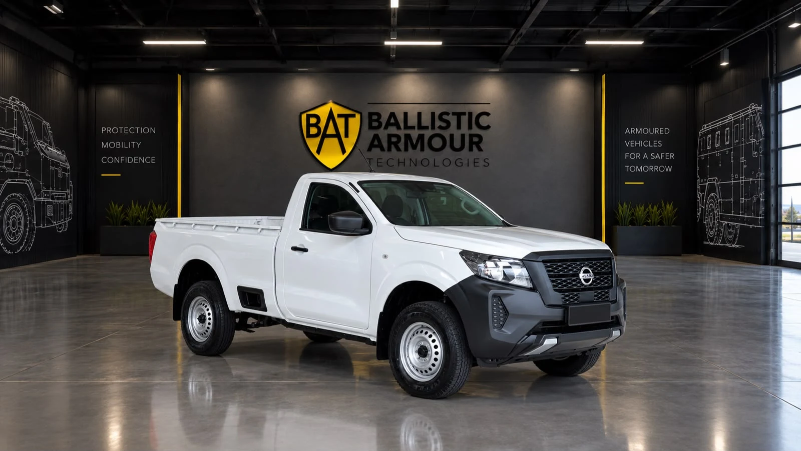 White Nissan Navara single cab in a BAT-branded showroom